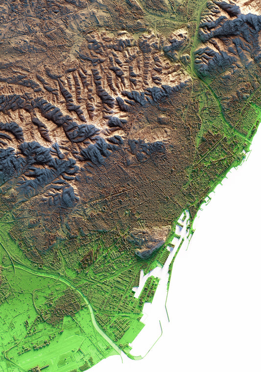 BARCELONA. Mapa de relleu artístic amb els colors clàssics de Trobart.