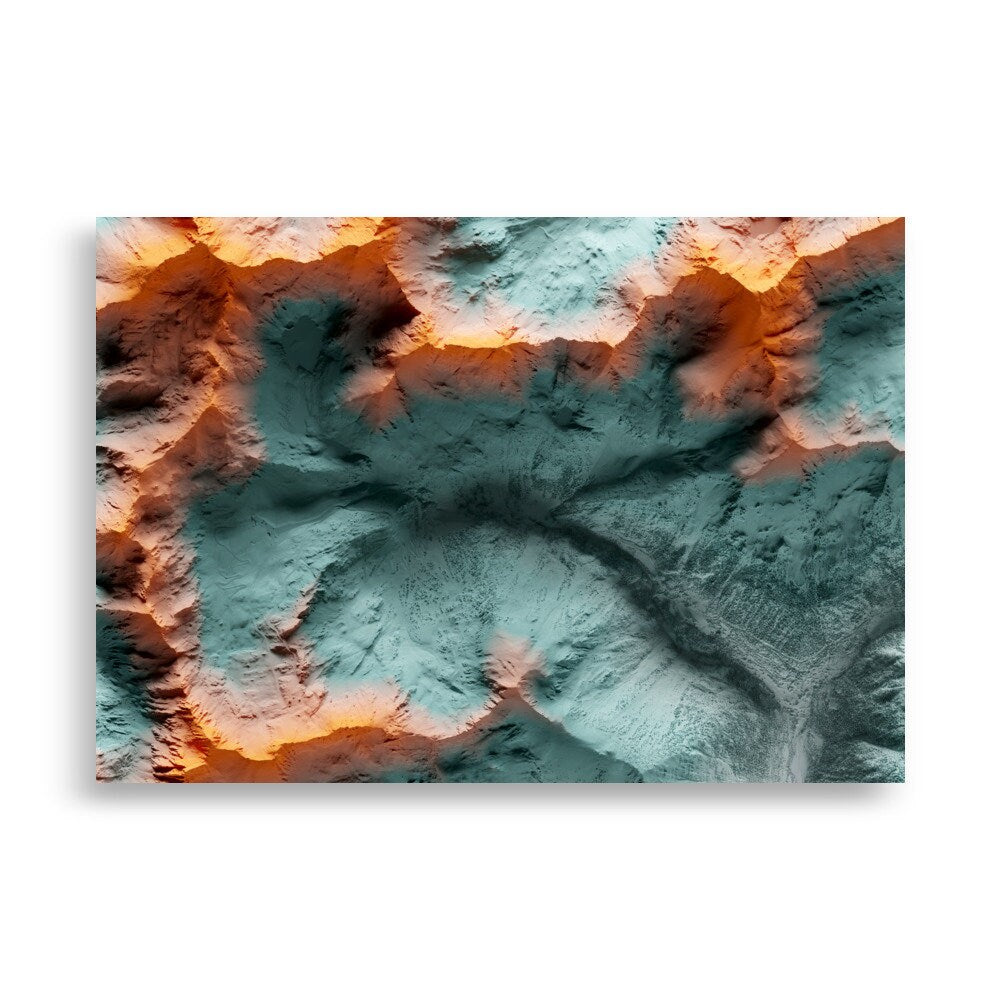 ORDINO ARCALÍS. Mapa de relleu artístic blau i taronja.