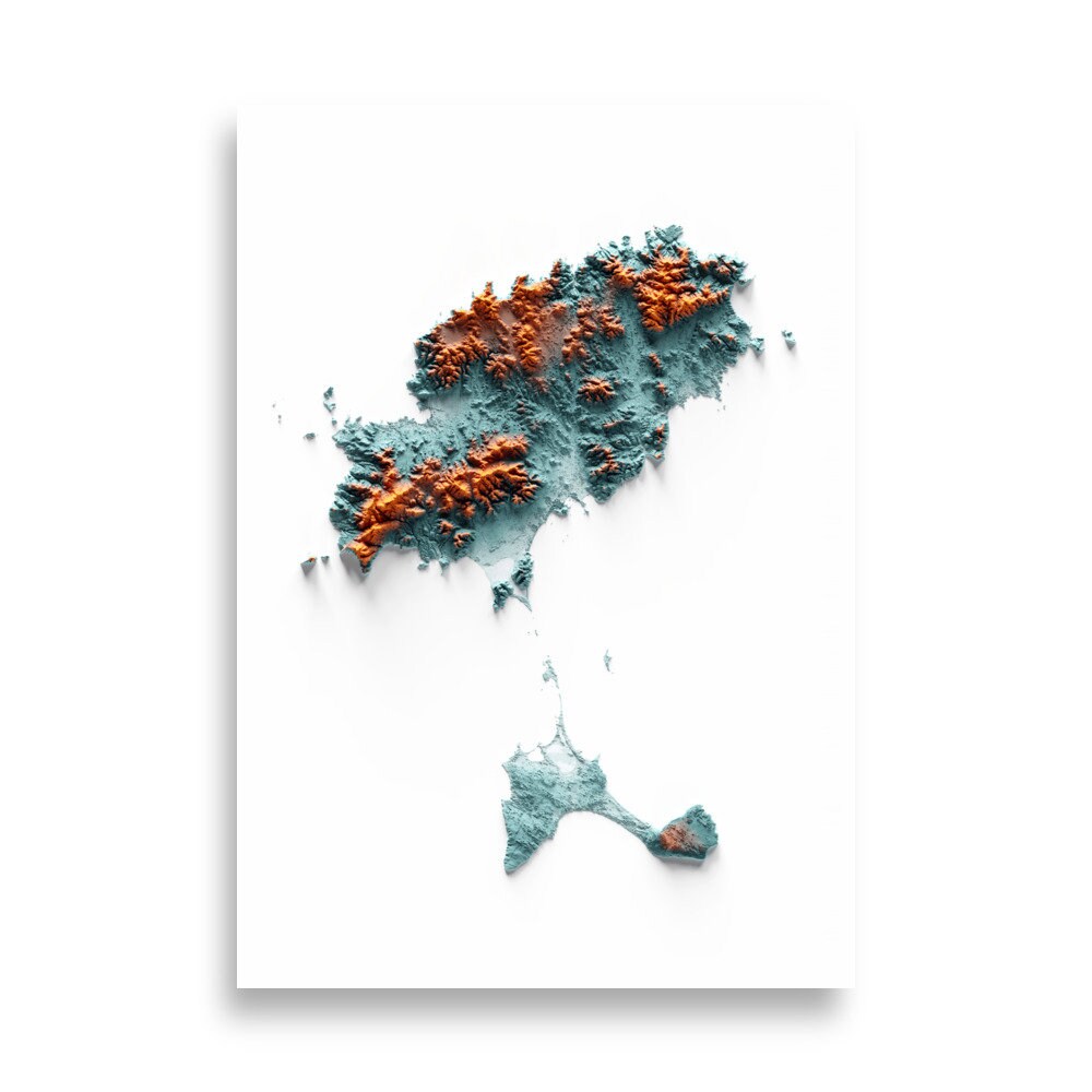 PITÏUSSES. Mapa de relleu artístic blau i taronja.