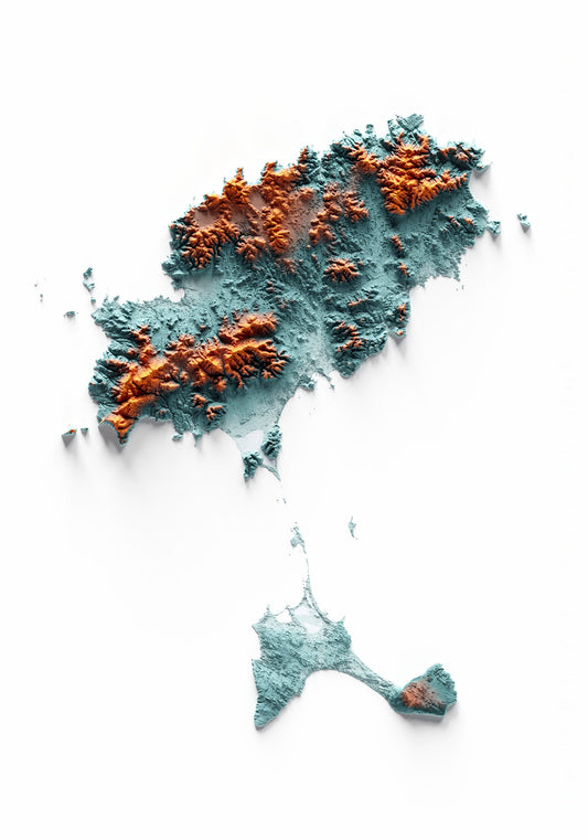 PITÏUSSES. Mapa de relleu artístic blau i taronja.