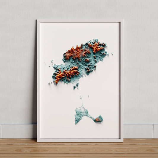 PITÏUSSES. Mapa de relleu artístic blau i taronja.
