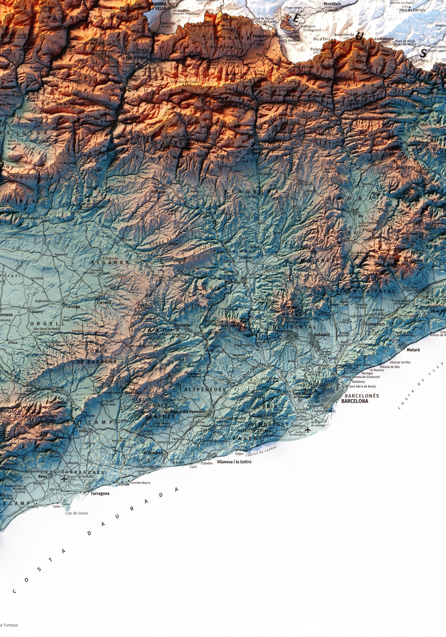 PRINCIPAT DE CATALUNYA. Mapa topográficos complementaris blau i taronja.