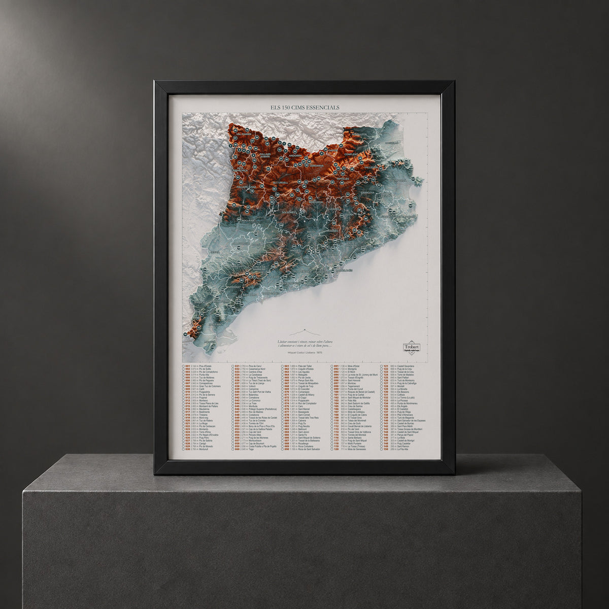Mapa de las 150 cimas esenciales, contrastado, 30 × 40 cm. Lámina enmarcada en negro sobre un pedestal. Marco no incluido.