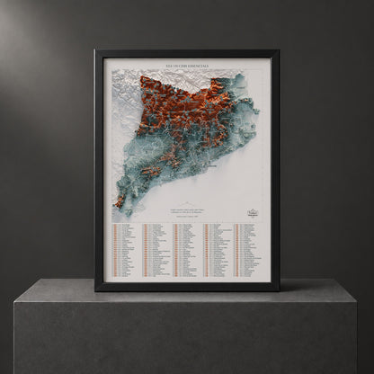 Mapa de las 150 cimas esenciales, contrastado, 30 × 40 cm. Lámina enmarcada en negro sobre un pedestal. Marco no incluido.