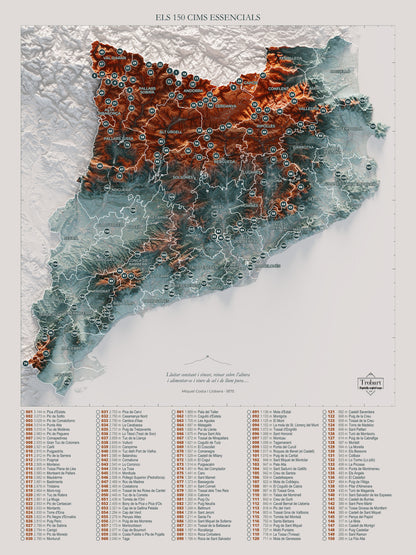 Mapa de las 150 cimas esenciales, contrastado, 30 × 40 cm. Vista completa de la lámina, con la composición exacta de este tamaño.