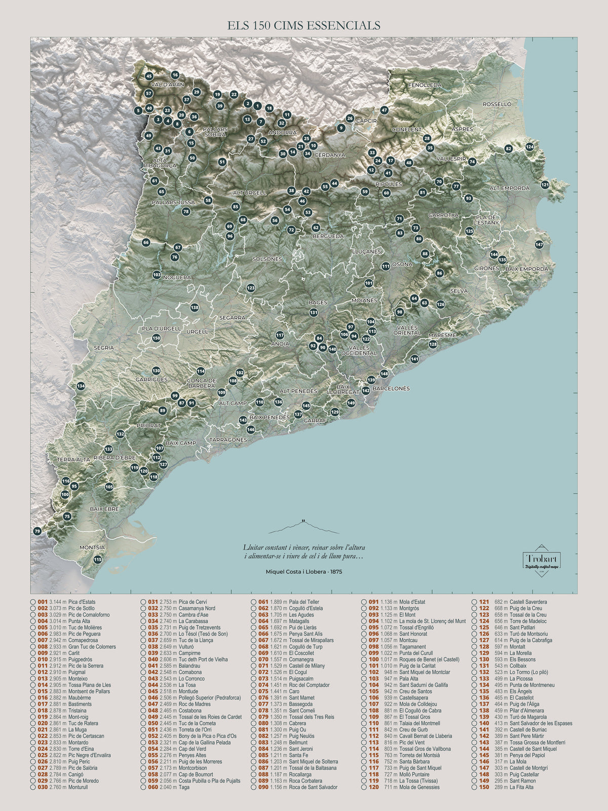 Mapa de las 150 cimas esenciales, estilo cartográfico, 30 × 40 cm. Vista completa de la lámina, con la composición exacta de este tamaño.