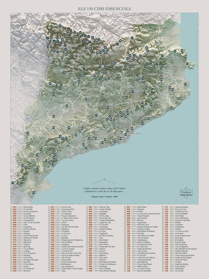 Mapa de las 150 cimas esenciales, estilo cartográfico, 30 × 40 cm. Vista completa de la lámina, con la composición exacta de este tamaño.