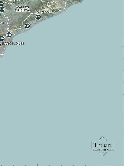 Mapa de las 150 cimas esenciales, estilo cartográfico, 30 × 40 cm. Detalle de la costa, el mar y los elementos editoriales del mapa.