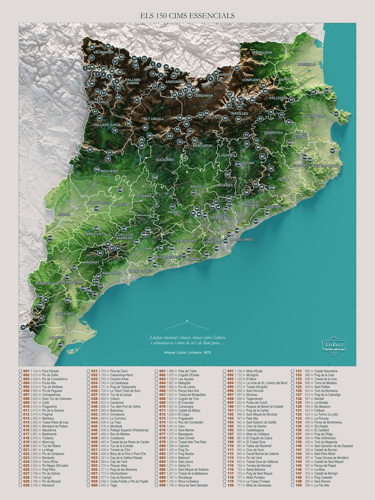 Mapa de las 150 cimas esenciales, colores clásicos, 30 × 40 cm. Vista completa de la lámina, con la composición exacta de este tamaño.