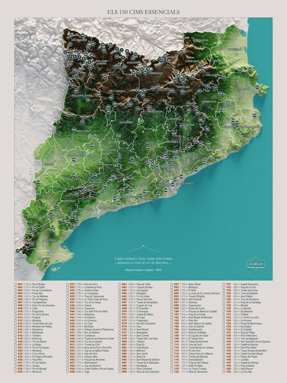 Mapa de las 150 cimas esenciales, colores clásicos, 30 × 40 cm. Vista completa de la lámina, con la composición exacta de este tamaño.
