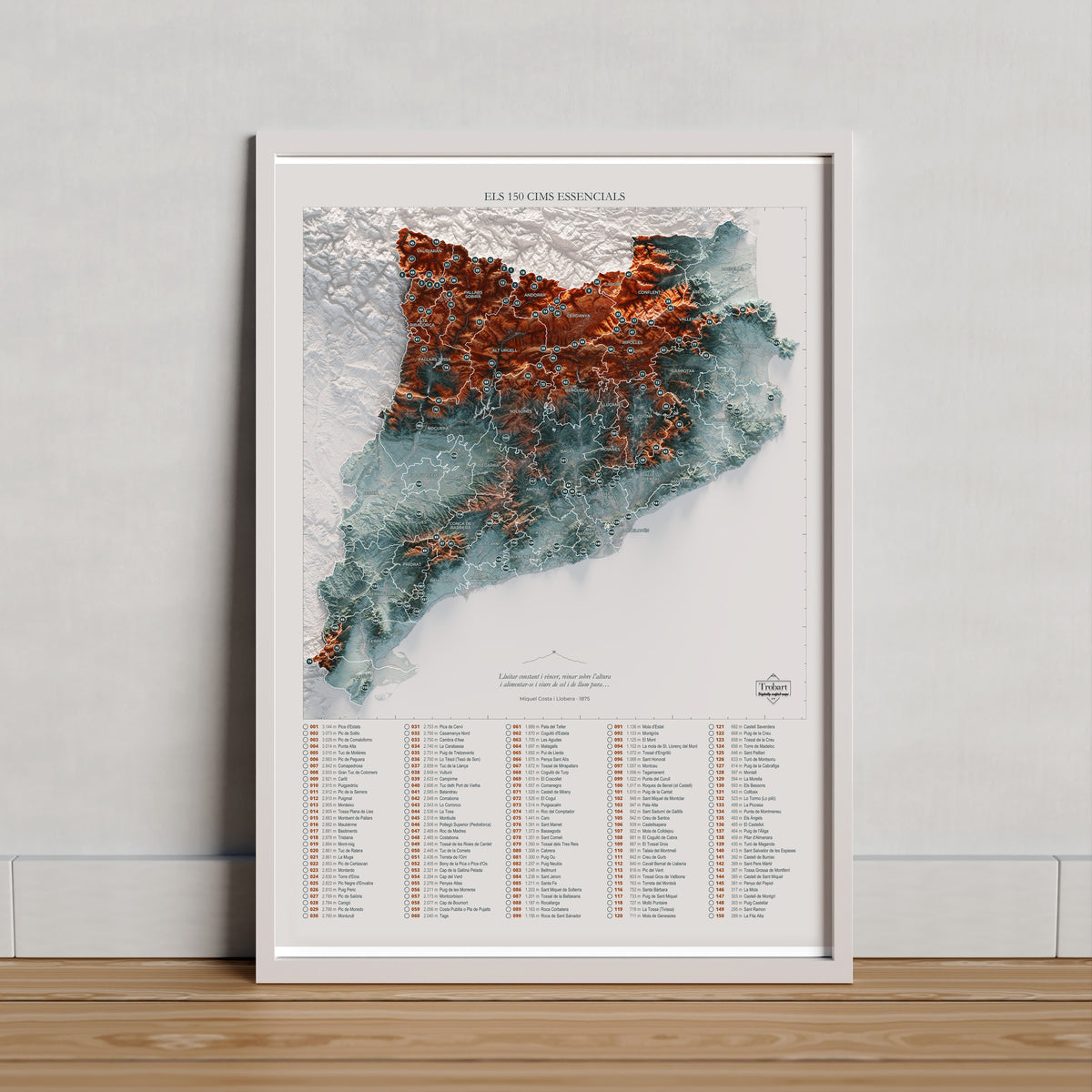 Mapa de las 150 cimas esenciales, contrastado, 50 × 70 cm. Lámina en un marco claro apoyado sobre madera. Marco no incluido.