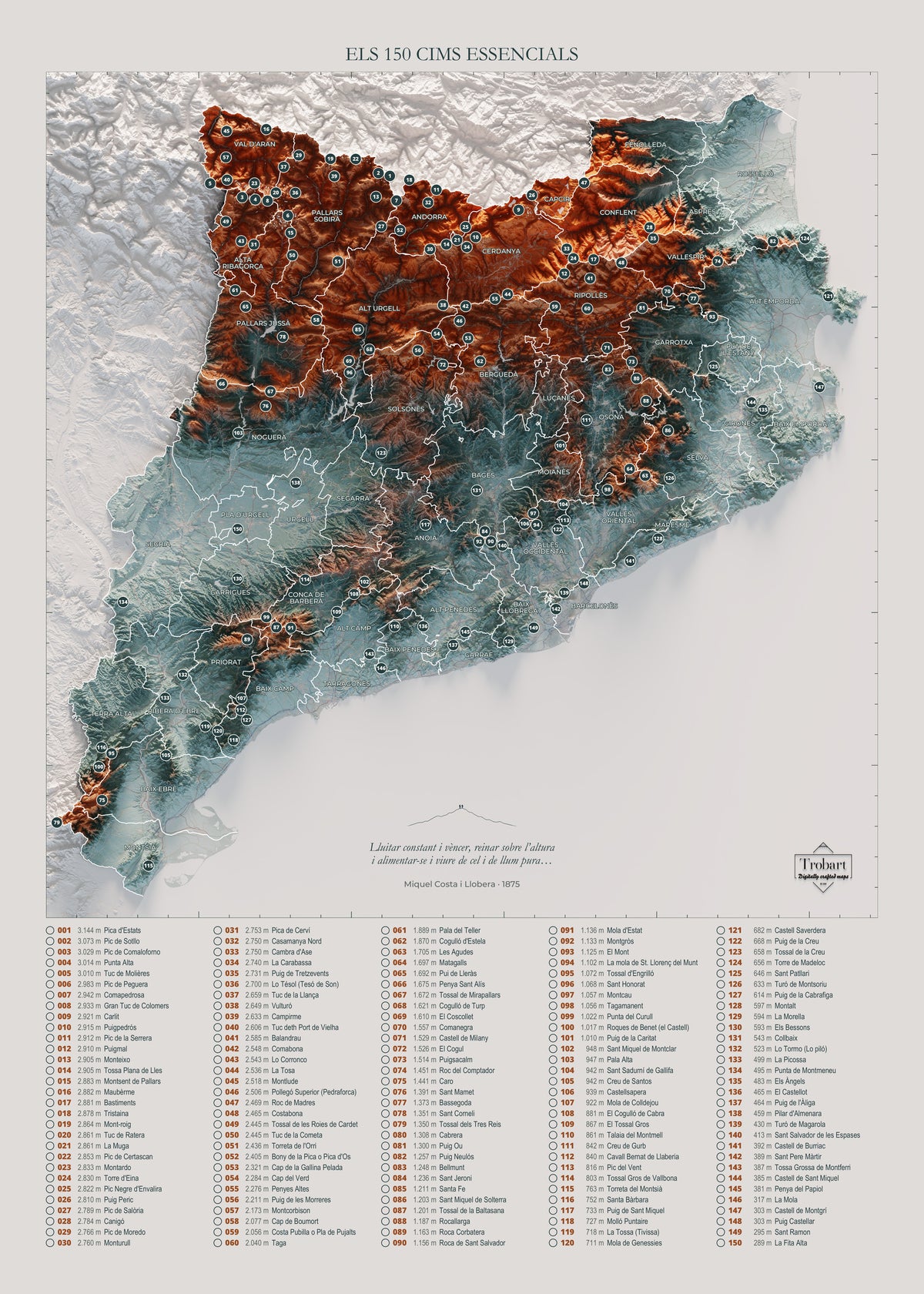 Mapa de las 150 cimas esenciales, contrastado, 50 × 70 cm. Vista completa de la lámina, con la composición exacta de este tamaño.