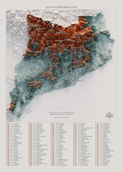 Mapa de las 150 cimas esenciales, contrastado, 50 × 70 cm. Vista completa de la lámina, con la composición exacta de este tamaño.