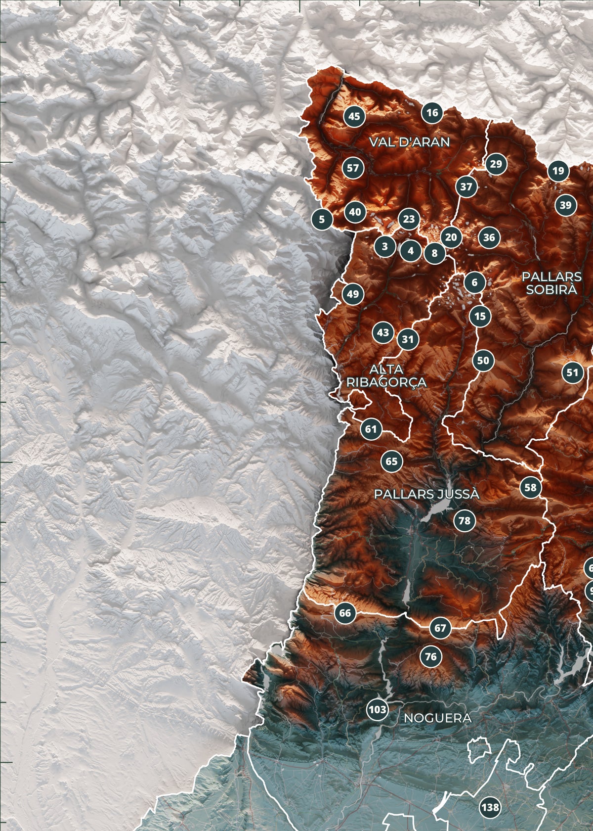 Mapa de las 150 cimas esenciales, contrastado, 50 × 70 cm. Detalle del Pirineo occidental y Andorra.