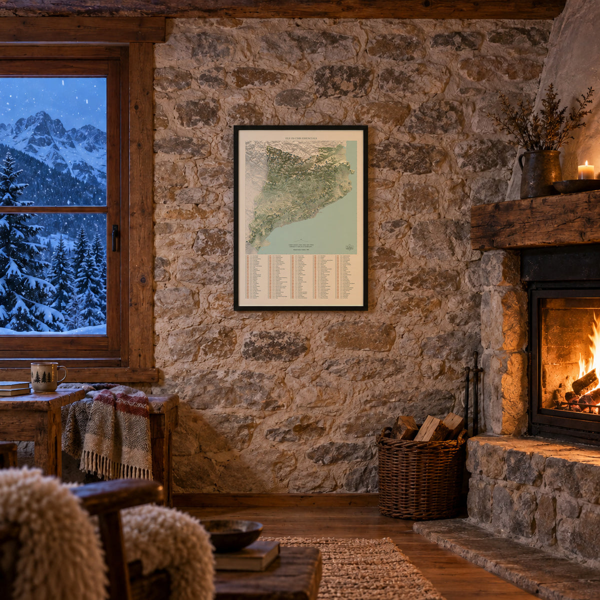 Mapa de las 150 cimas esenciales, estilo cartográfico, 50 × 70 cm. Lámina en la pared de un refugio con chimenea. Marco no incluido.