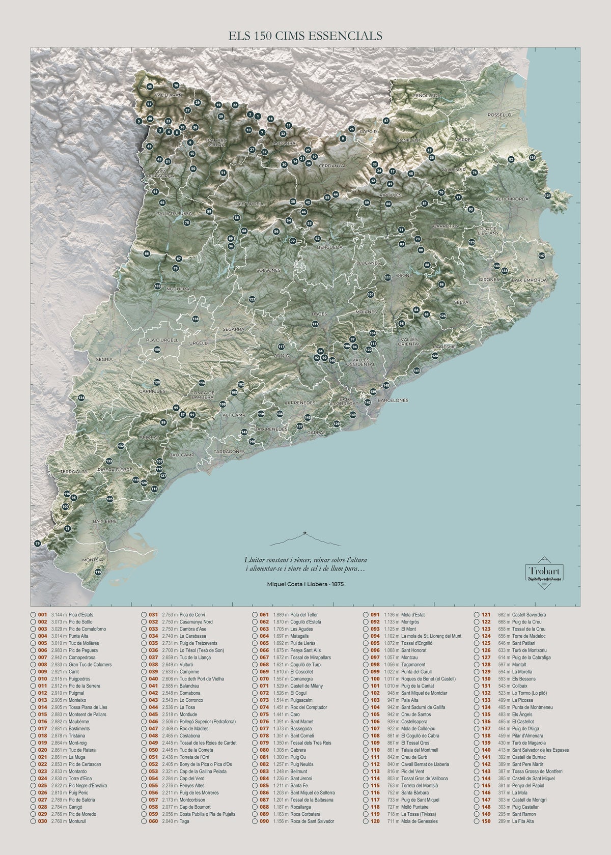 Mapa de las 150 cimas esenciales, estilo cartográfico, 50 × 70 cm. Vista completa de la lámina, con la composición exacta de este tamaño.