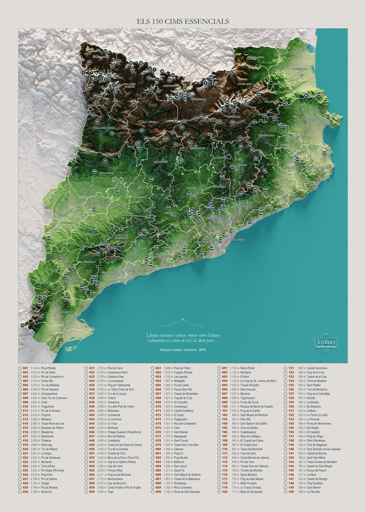Mapa de las 150 cimas esenciales, colores clásicos, 50 × 70 cm. Vista completa de la lámina, con la composición exacta de este tamaño.