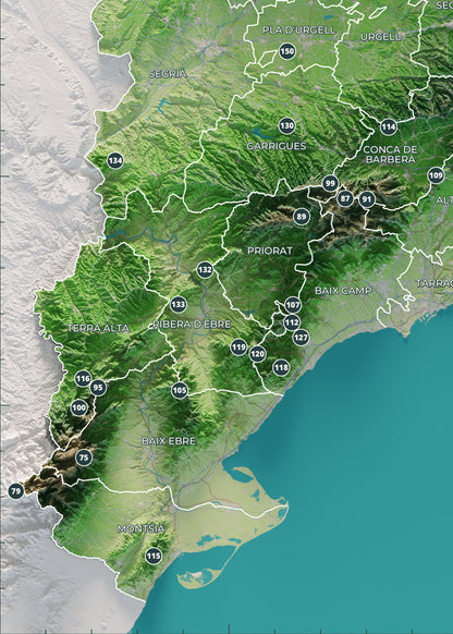 Mapa de las 150 cimas esenciales, colores clásicos, 50 × 70 cm. Detalle del sur de Catalunya, Els Ports y el delta del Ebro.