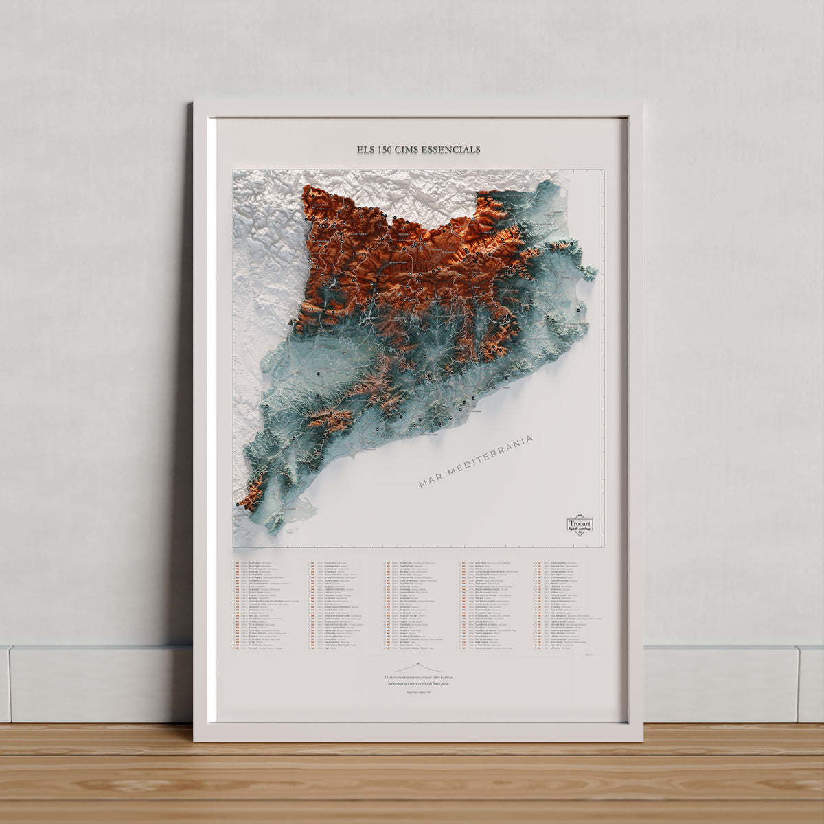 Mapa de las 150 cimas esenciales, contrastado, 61 × 91 cm. Lámina en un marco claro apoyado sobre madera. Marco no incluido.