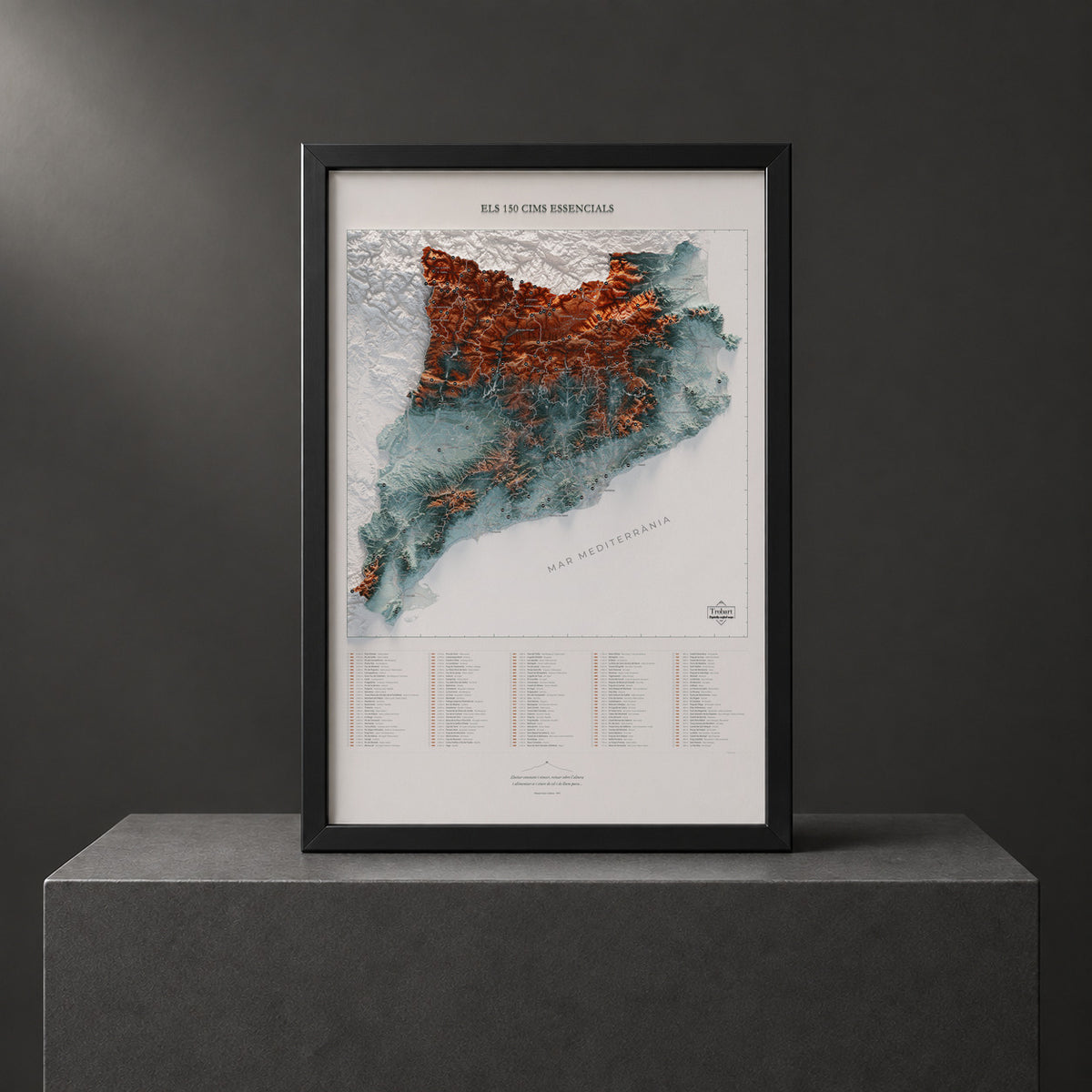 Mapa de las 150 cimas esenciales, contrastado, 61 × 91 cm. Lámina enmarcada en negro sobre un pedestal. Marco no incluido.
