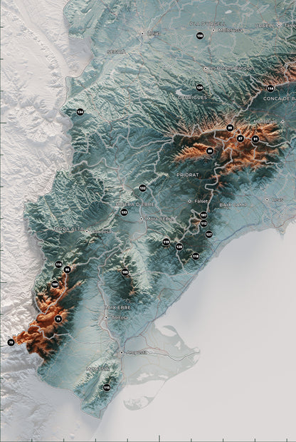Mapa de las 150 cimas esenciales, contrastado, 61 × 91 cm. Detalle del sur de Catalunya, Els Ports y el delta del Ebro.