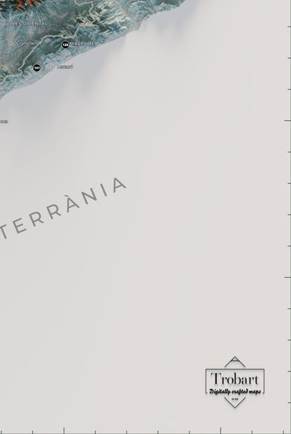 Mapa de las 150 cimas esenciales, contrastado, 61 × 91 cm. Detalle de la costa, el mar y los elementos editoriales del mapa.