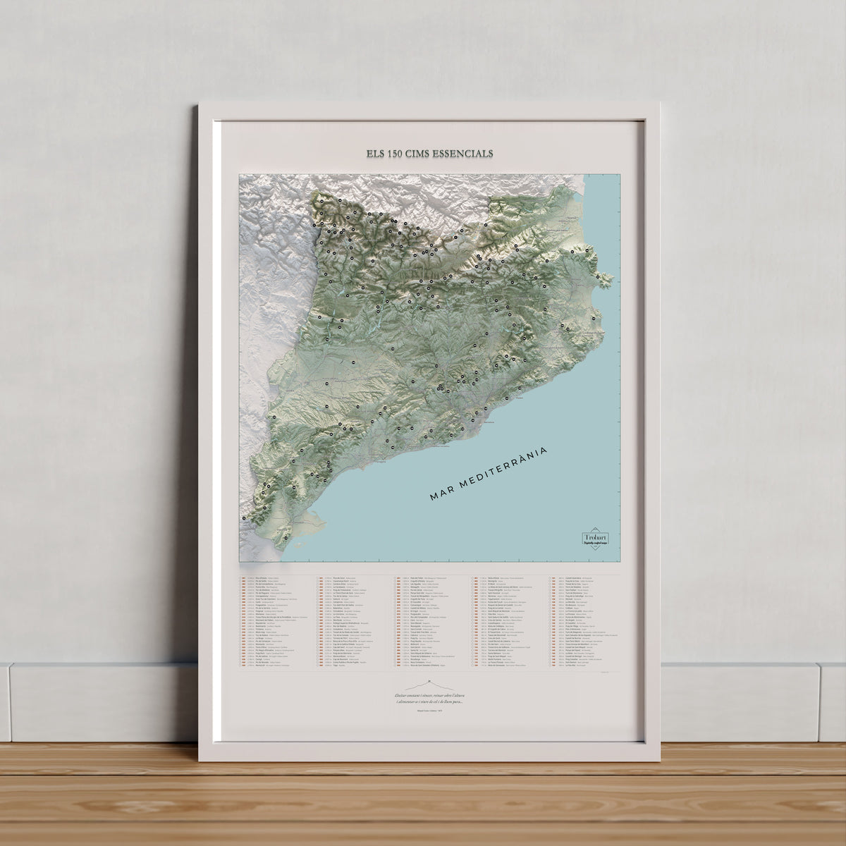 Mapa de las 150 cimas esenciales, estilo cartográfico, 61 × 91 cm. Lámina en un marco claro apoyado sobre madera. Marco no incluido.