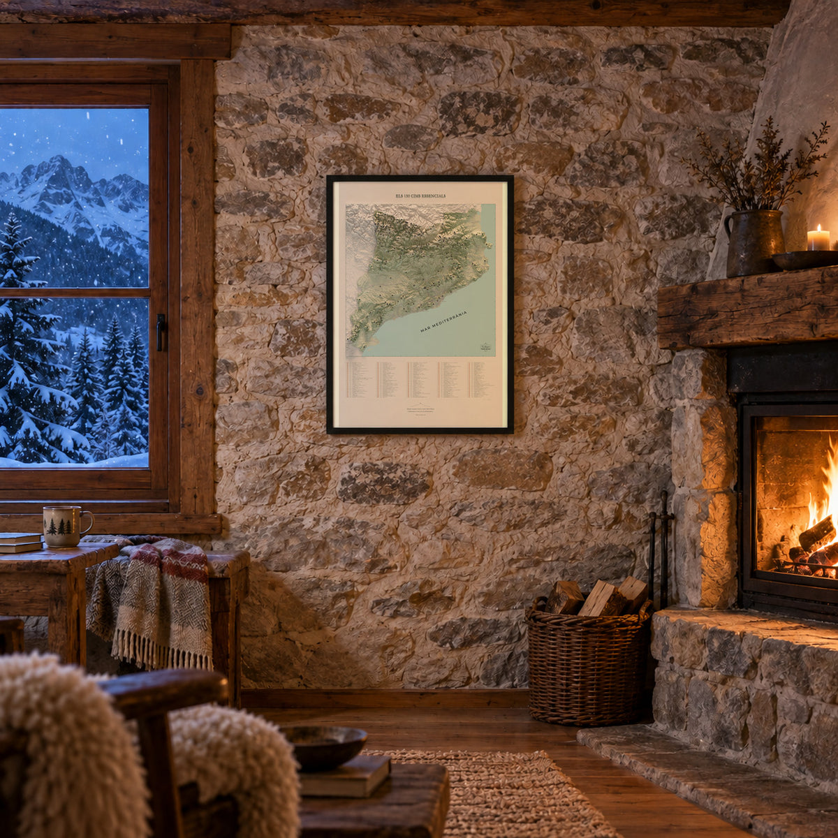 Mapa de las 150 cimas esenciales, estilo cartográfico, 61 × 91 cm. Lámina en la pared de un refugio con chimenea. Marco no incluido.