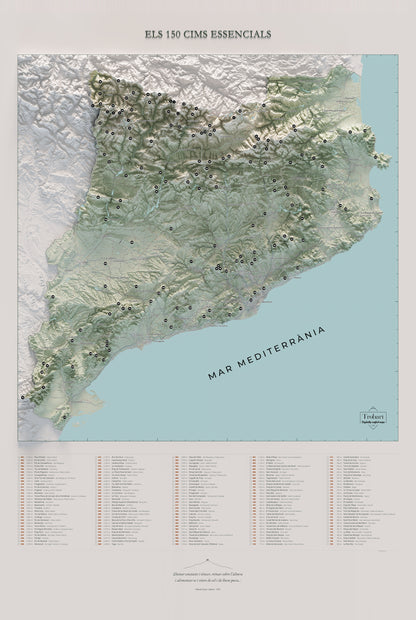 Mapa de las 150 cimas esenciales, estilo cartográfico, 61 × 91 cm. Vista completa de la lámina, con la composición exacta de este tamaño.