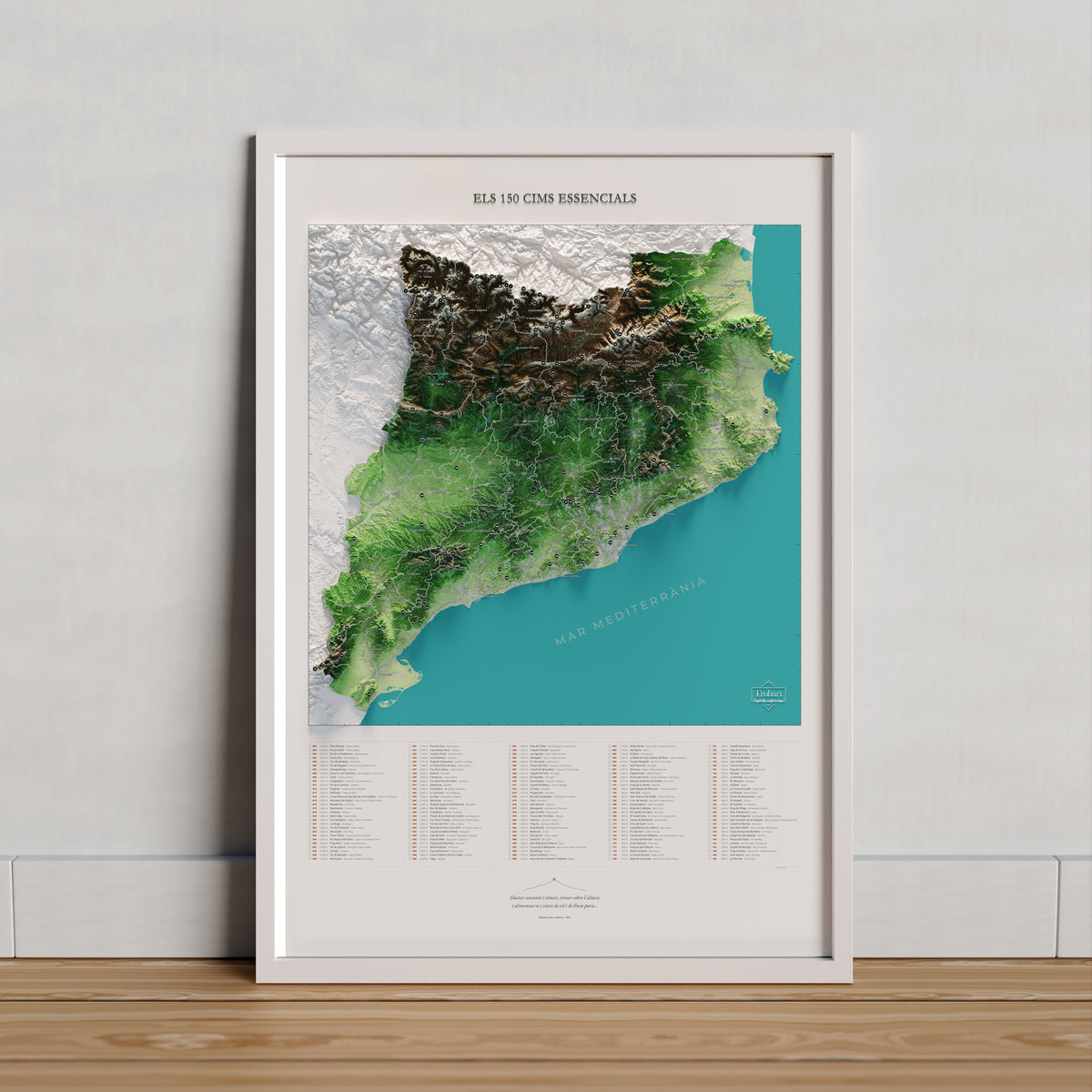 Mapa de las 150 cimas esenciales, colores clásicos, 61 × 91 cm. Lámina en un marco claro apoyado sobre madera. Marco no incluido.