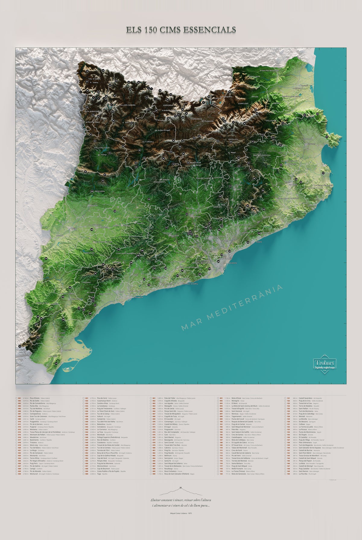 Mapa de las 150 cimas esenciales, colores clásicos, 61 × 91 cm. Vista completa de la lámina, con la composición exacta de este tamaño.