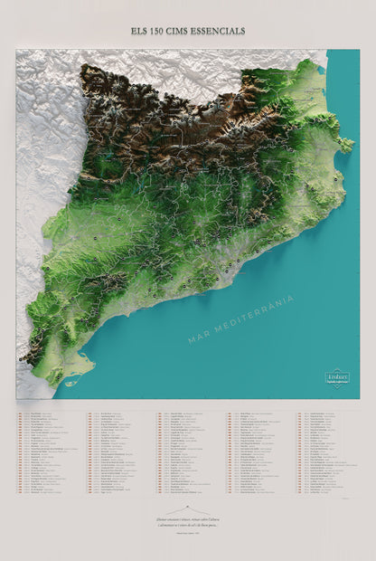 Mapa de las 150 cimas esenciales, colores clásicos, 61 × 91 cm. Vista completa de la lámina, con la composición exacta de este tamaño.