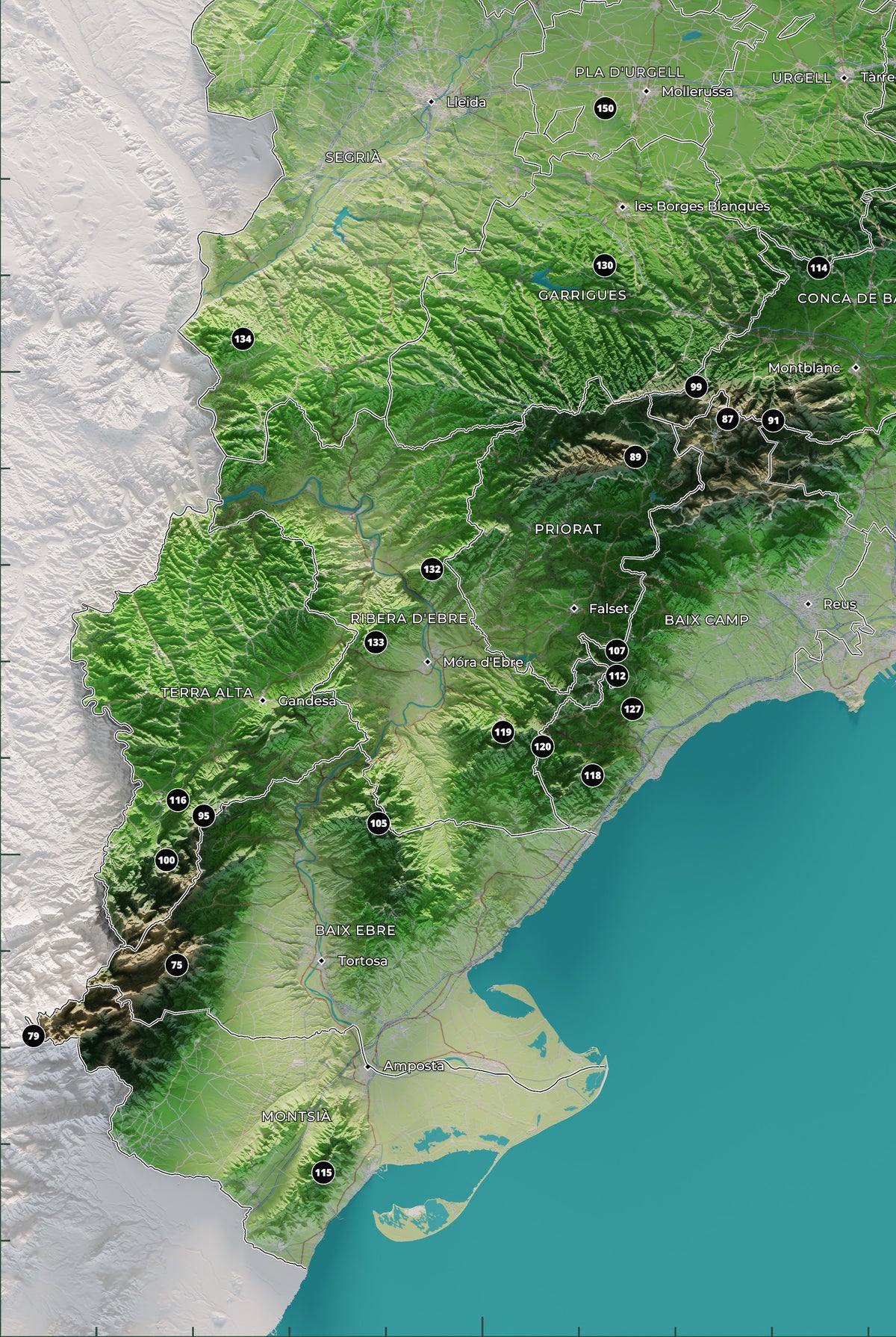 Mapa de las 150 cimas esenciales, colores clásicos, 61 × 91 cm. Detalle del sur de Catalunya, Els Ports y el delta del Ebro.