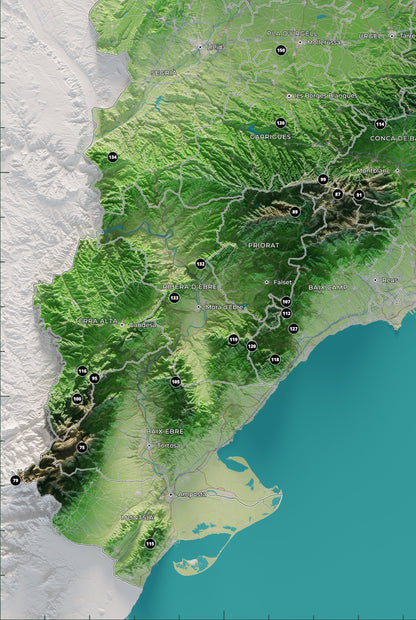 Mapa de las 150 cimas esenciales, colores clásicos, 61 × 91 cm. Detalle del sur de Catalunya, Els Ports y el delta del Ebro.