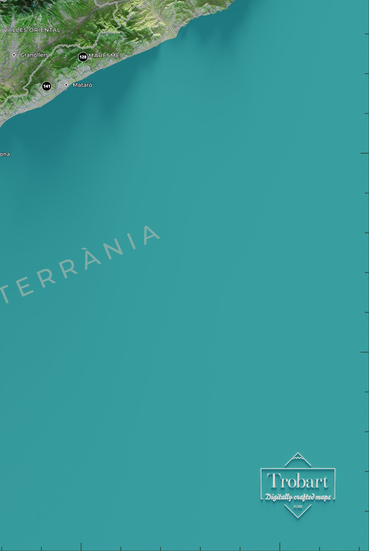 Mapa de las 150 cimas esenciales, colores clásicos, 61 × 91 cm. Detalle de la costa, el mar y los elementos editoriales del mapa.