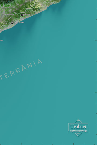 Mapa de las 150 cimas esenciales, colores clásicos, 61 × 91 cm. Detalle de la costa, el mar y los elementos editoriales del mapa.