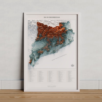 Làmina dels 150 cims essencials, blau i taronja, en un marc clar recolzat sobre fusta. Marc no inclòs.
