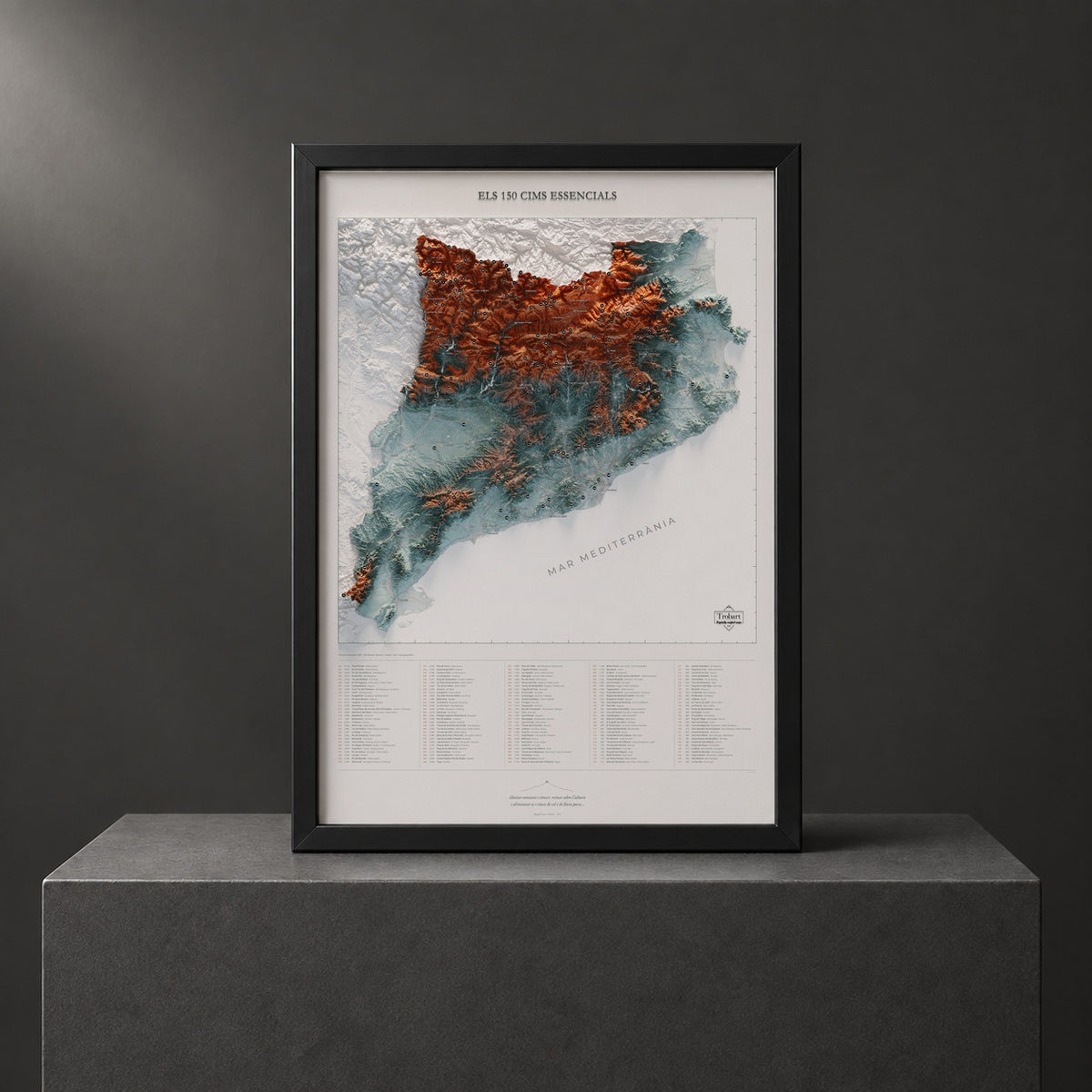 Mapa dels 150 cims essencials, blau i taronja, presentat en un marc negre sobre un pedestal. Marc no inclòs.