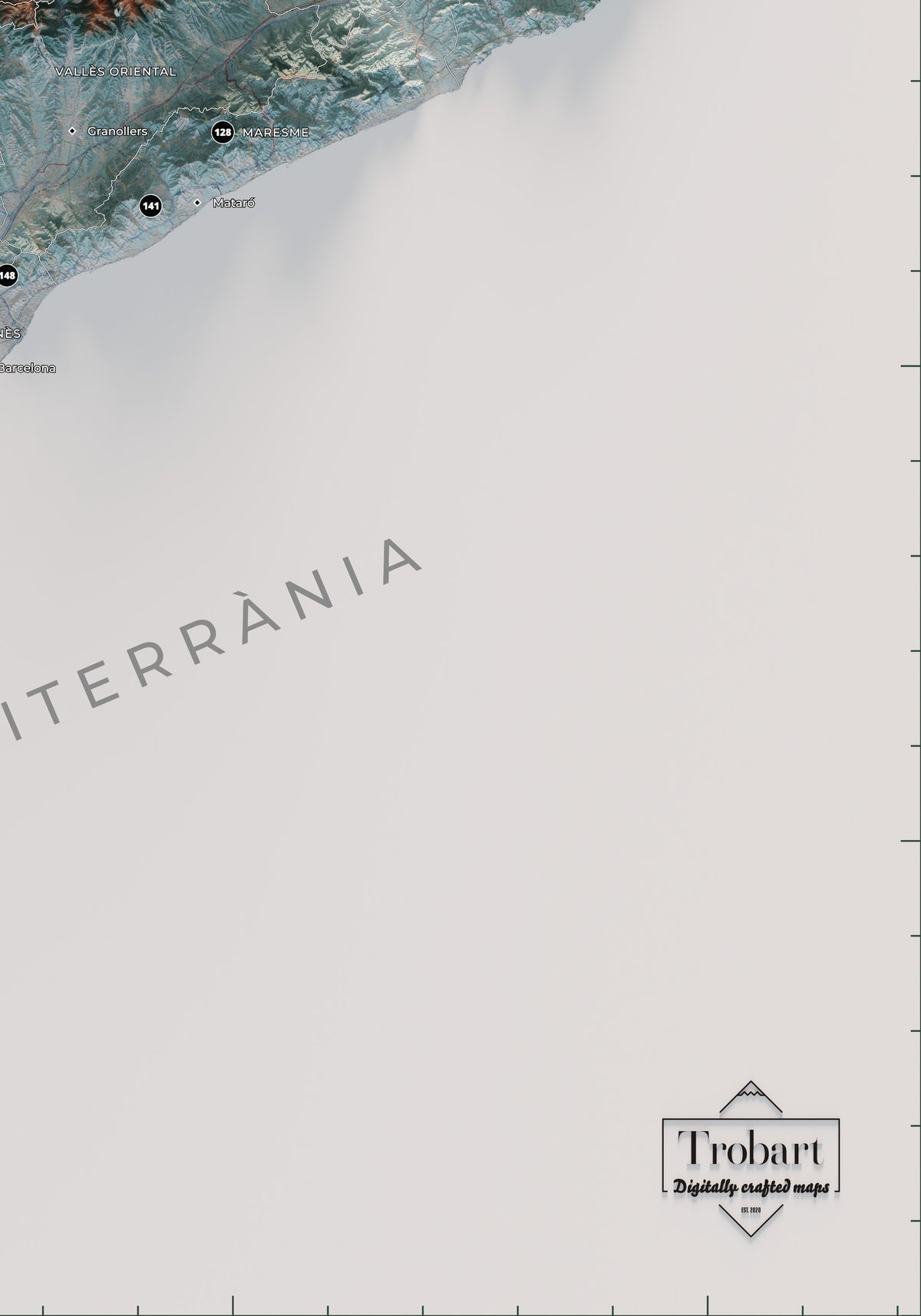 Detall del mar blanc i la signatura Trobart al mapa dels 150 cims essencials, blau i taronja.