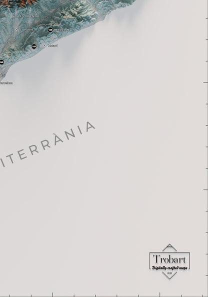 Detall del mar blanc i la signatura Trobart al mapa dels 150 cims essencials, blau i taronja.