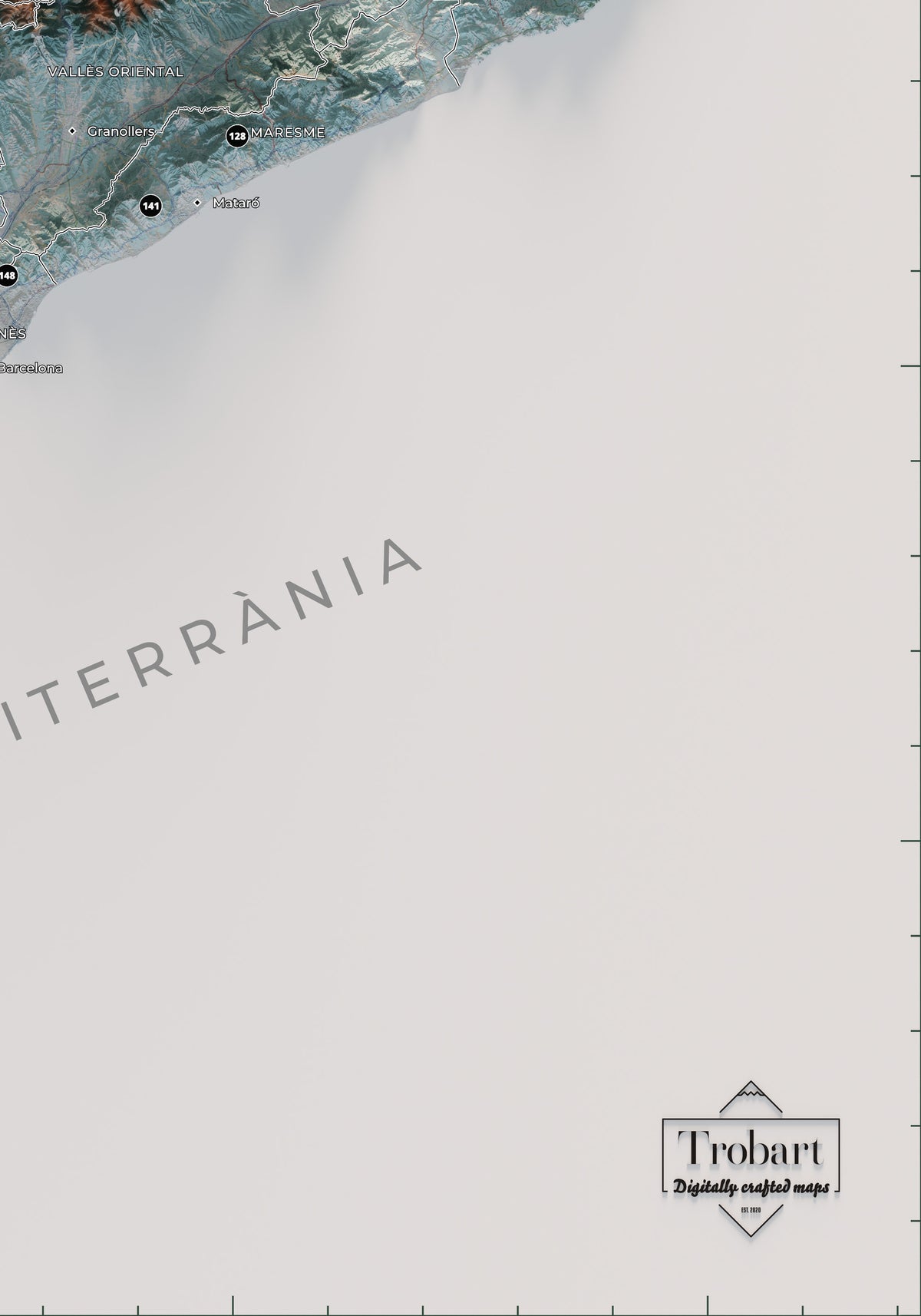 Detalle del mar blanco y la firma Trobart en el mapa de las 150 cimas esenciales, azul y naranja.