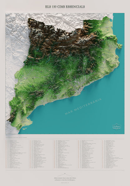 Mapa complet dels 150 cims essencials de la FEEC, colors clàssics, làmina vertical de 70 × 100 cm.