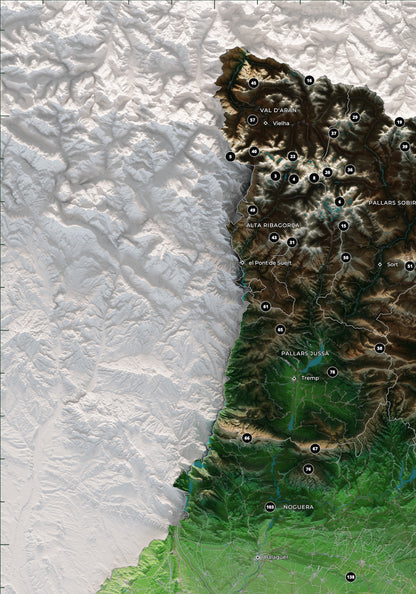 Detall del Pirineu occidental i Andorra al mapa dels 150 cims essencials, colors clàssics, amb cims numerats.