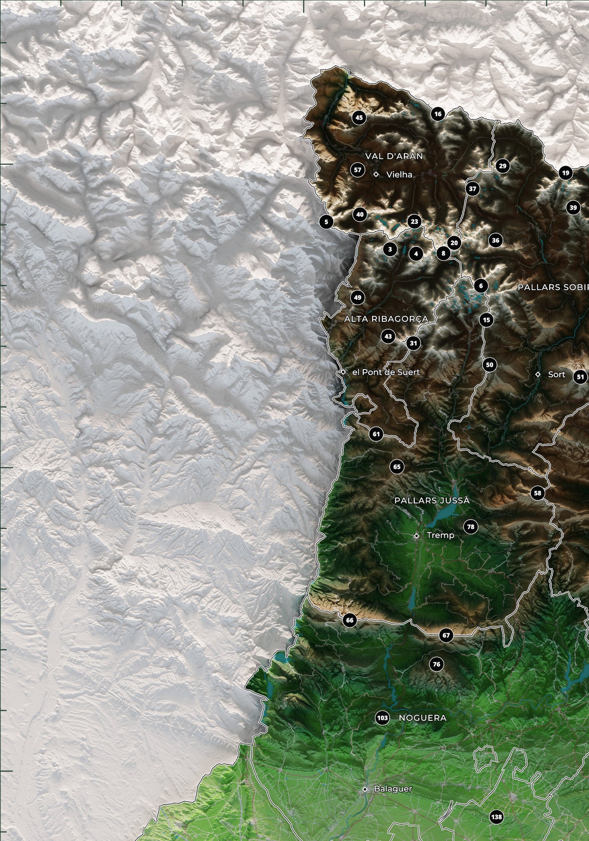 Detalle del Pirineo occidental y Andorra en el mapa de las 150 cimas esenciales, colores clásicos, con cimas numeradas.