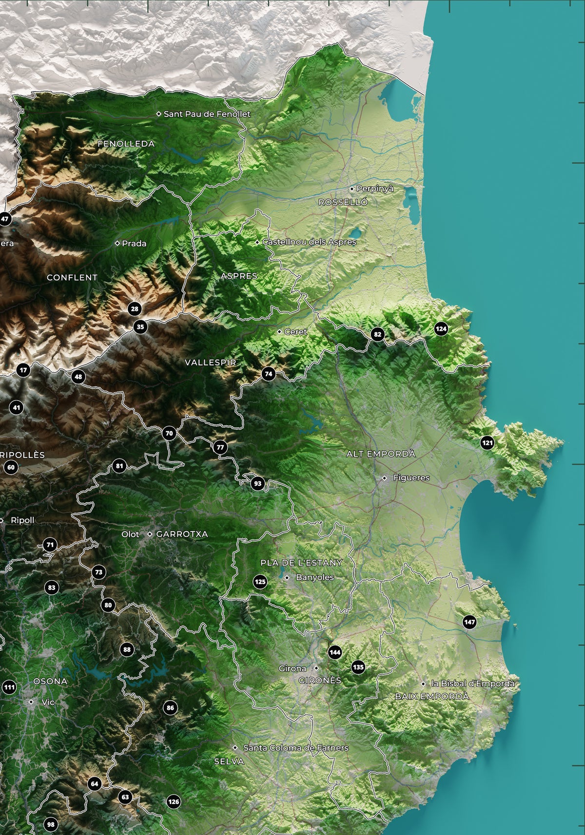 Detalle del Pirineo oriental y las comarcas de Girona en el mapa de las 150 cimas esenciales, colores clásicos.