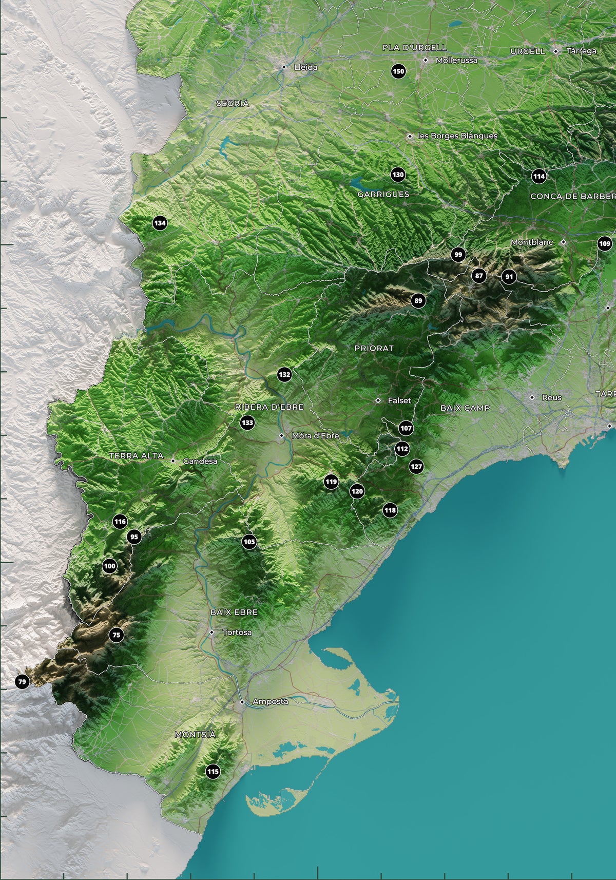 Detall del sud de Catalunya, els Ports i el delta de l’Ebre al mapa dels 150 cims essencials, colors clàssics.