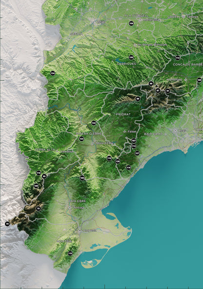 Detalle del sur de Catalunya, Els Ports y el delta del Ebro en el mapa de las 150 cimas esenciales, colores clásicos.