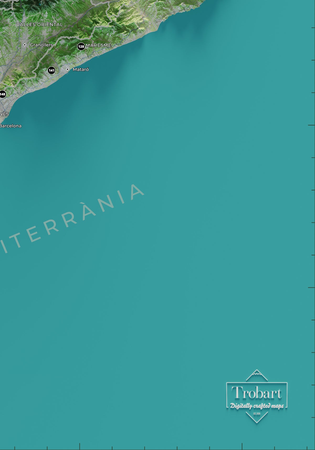Detalle del mar azul y la firma Trobart en el mapa de las 150 cimas esenciales, colores clásicos.