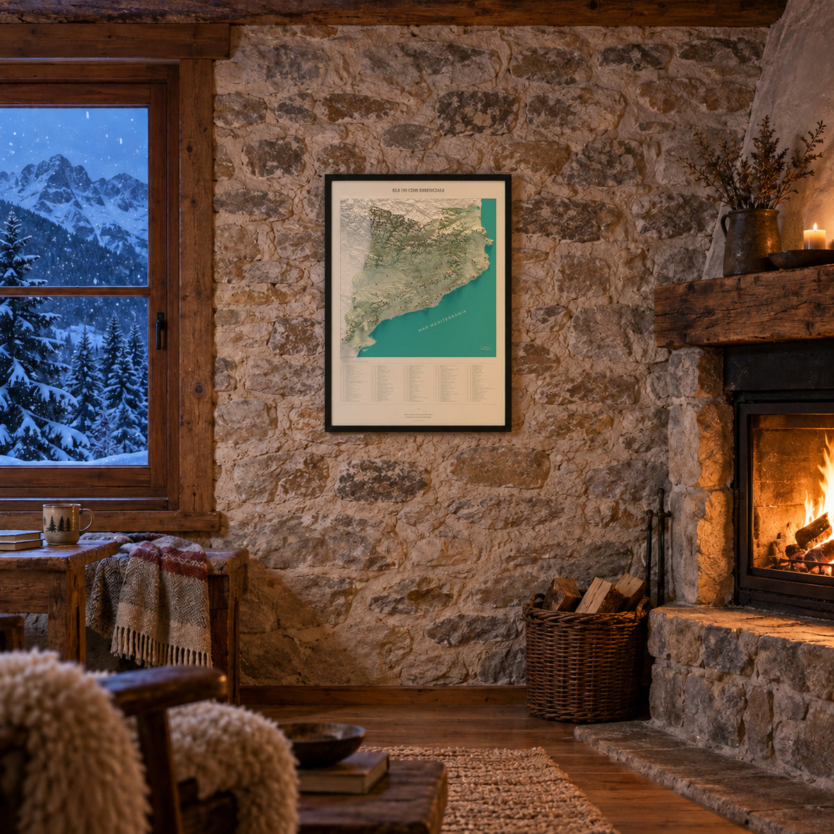 Mapa de las 150 cimas esenciales, estilo cartográfico, enmarcado en la pared de un refugio con chimenea.