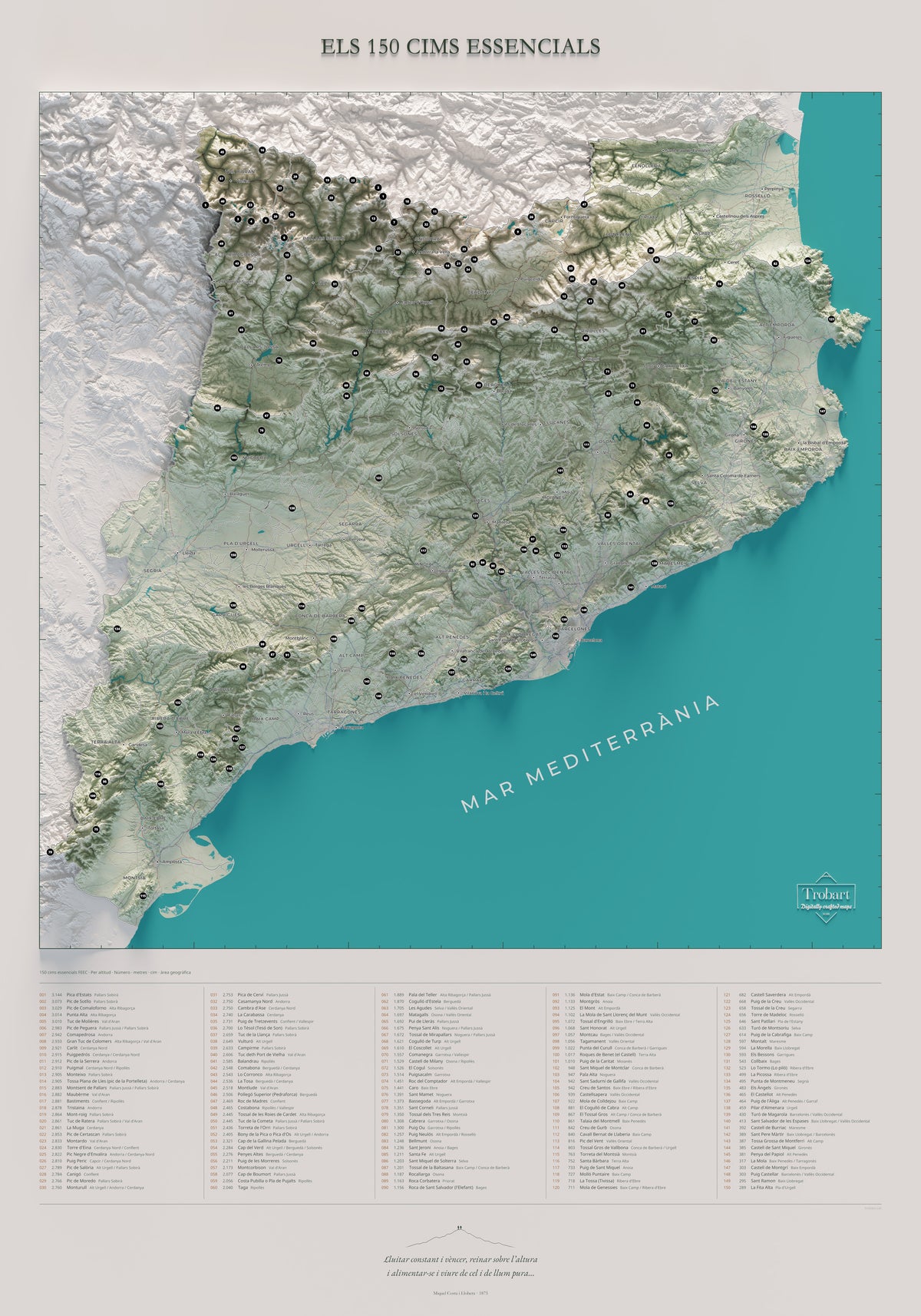 Mapa completo de las 150 cimas esenciales de la FEEC, estilo cartográfico, lámina vertical de 70 × 100 cm.